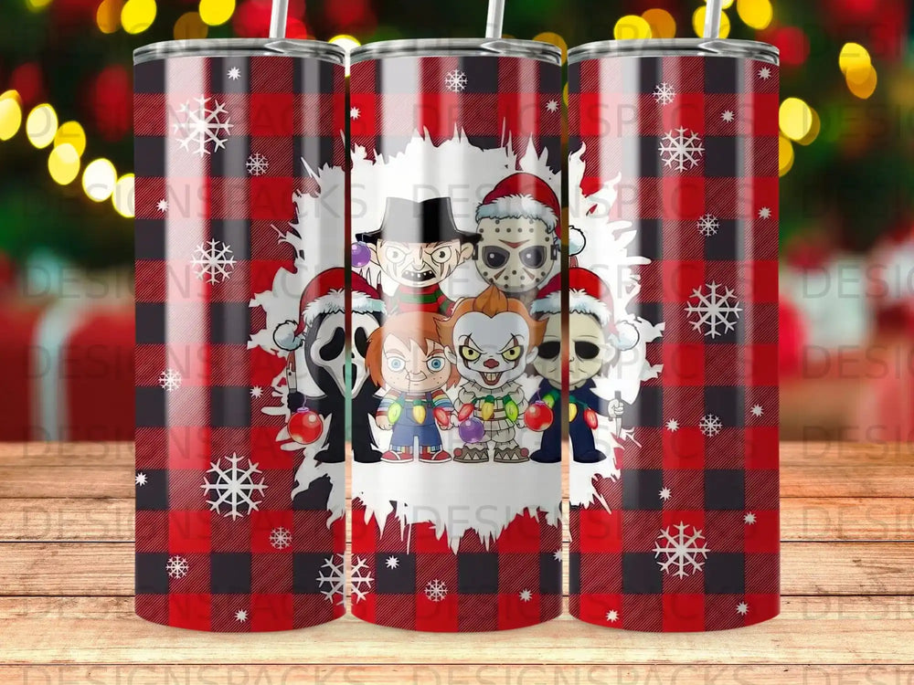 Horror movie characters on a red buffalo plaid tumbler with snowflakes.