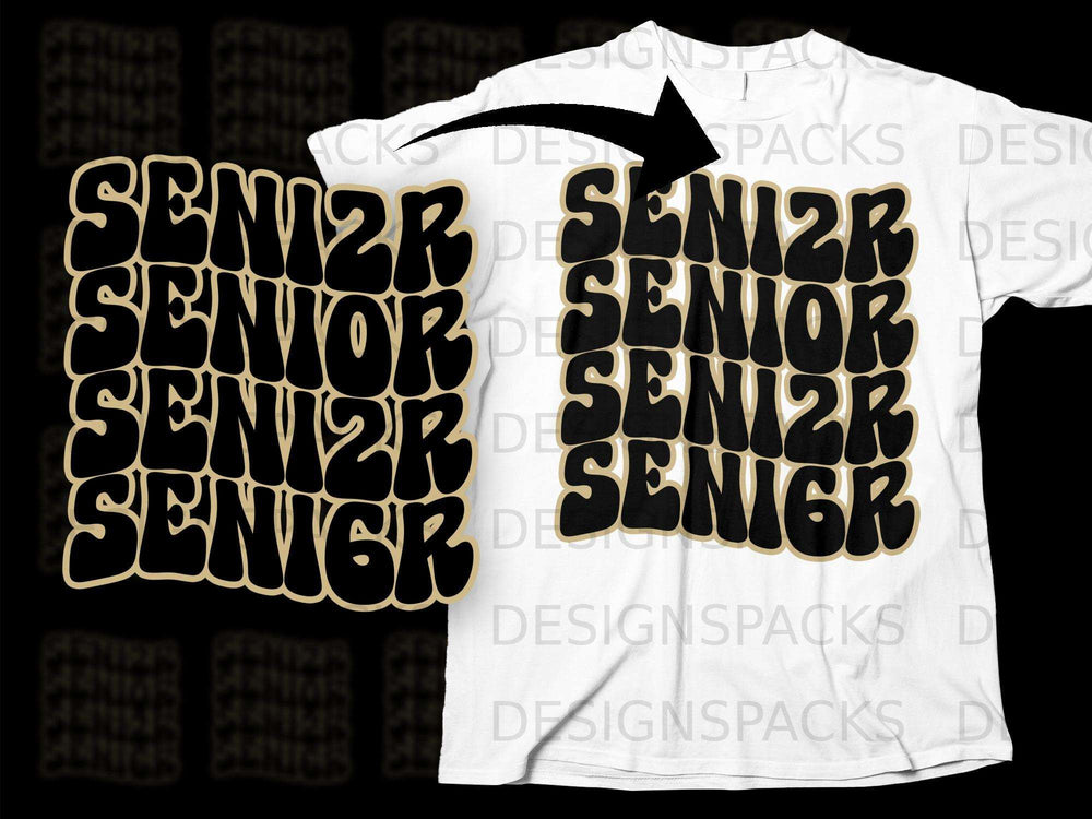 Black and gold "SENIOR" text design layered on a white t-shirt mockup.