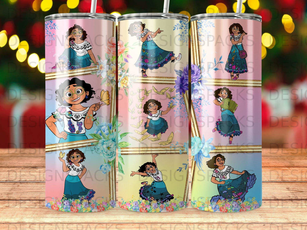 Collage of Encanto's Mirabel Madrigal in various poses with floral accents.