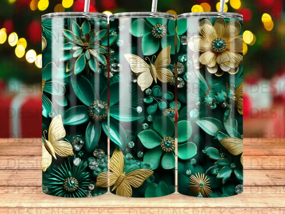 Tumbler with teal floral and gold butterfly design.