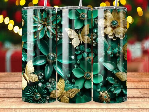 Tumbler with teal floral and gold butterfly design.