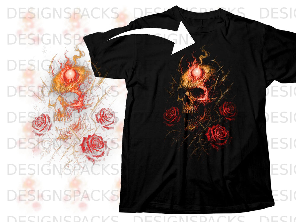 Black t-shirt with a fiery skull and roses graphic design.