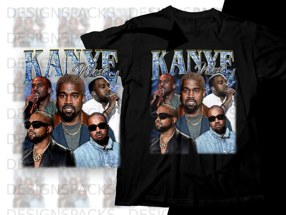 Kanye West collage on black t-shirt with multiple portraits.