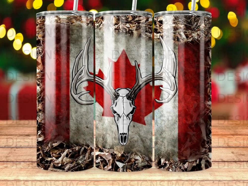 Canadian flag with deer antlers and skull, surrounded by woodsy textures.