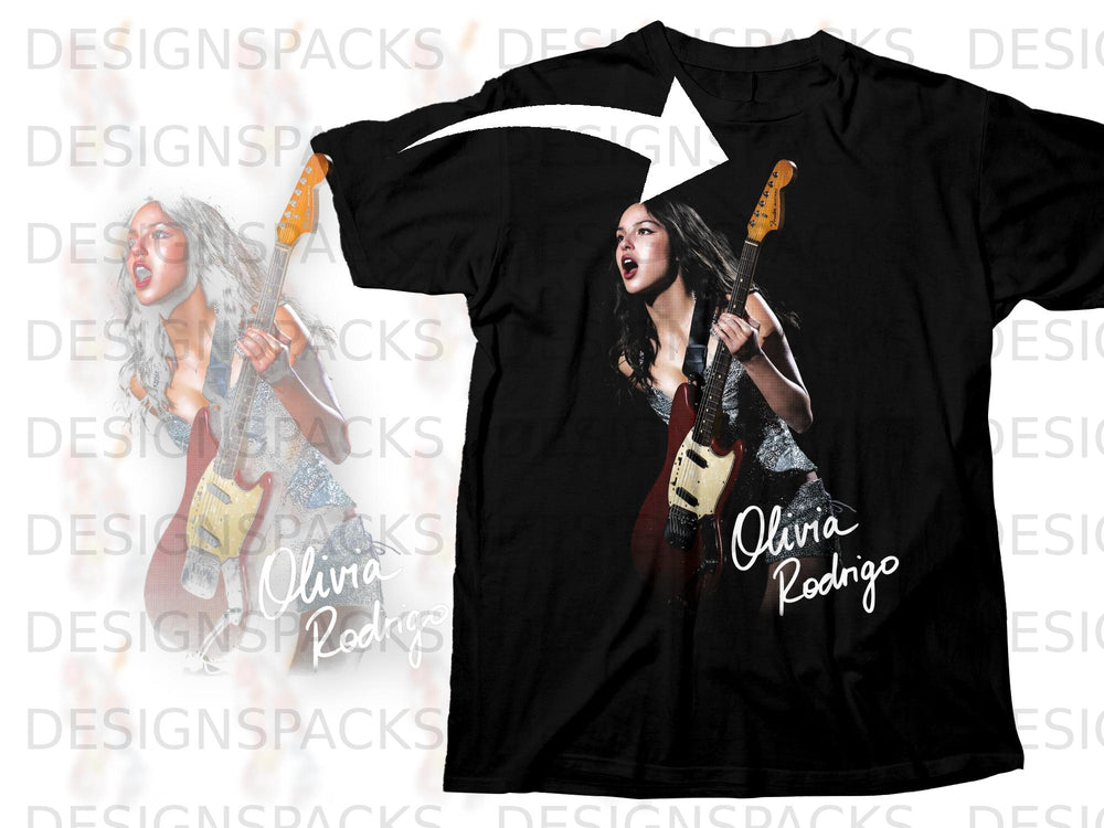 Black t-shirt with Olivia Rodrigo holding a guitar and her name.