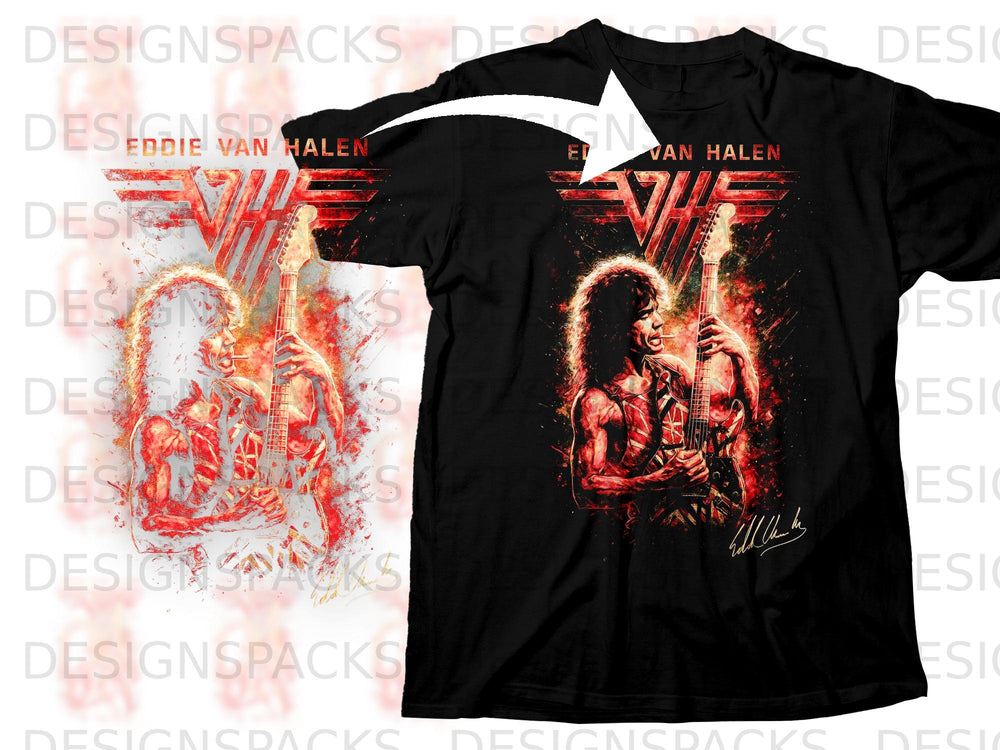 Eddie Van Halen graphic with iconic logo on a black t-shirt.