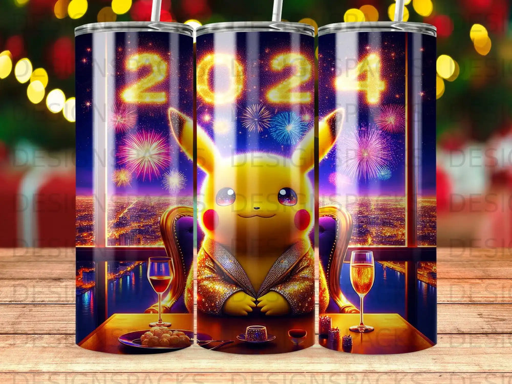 Pikachu in a robe sits at a table with champagne and fireworks.