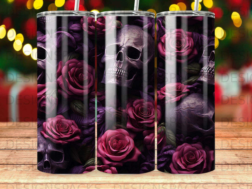 Floral skull tumbler with purple roses and dark background.