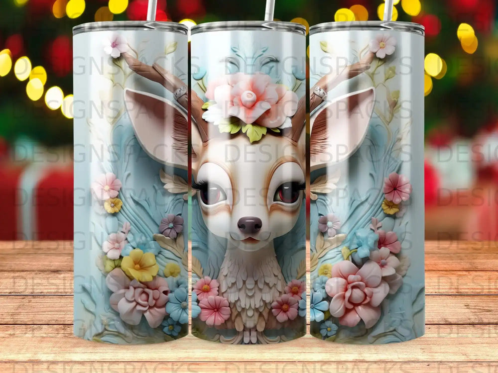 Deer with flowers on a blue background, three tumblers shown.