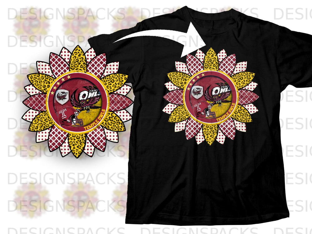 Black t-shirt with a sunflower design featuring the Temple Owls logo.