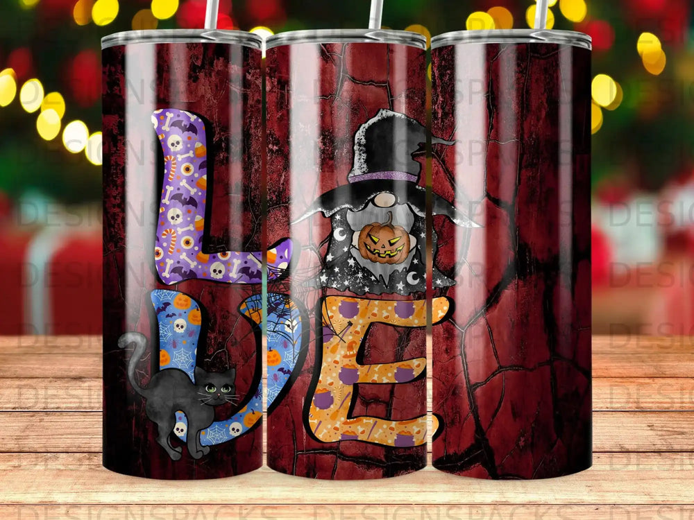 Halloween gnome, black cat, and "LOVE" lettering on a wood-grain textured tumbler.