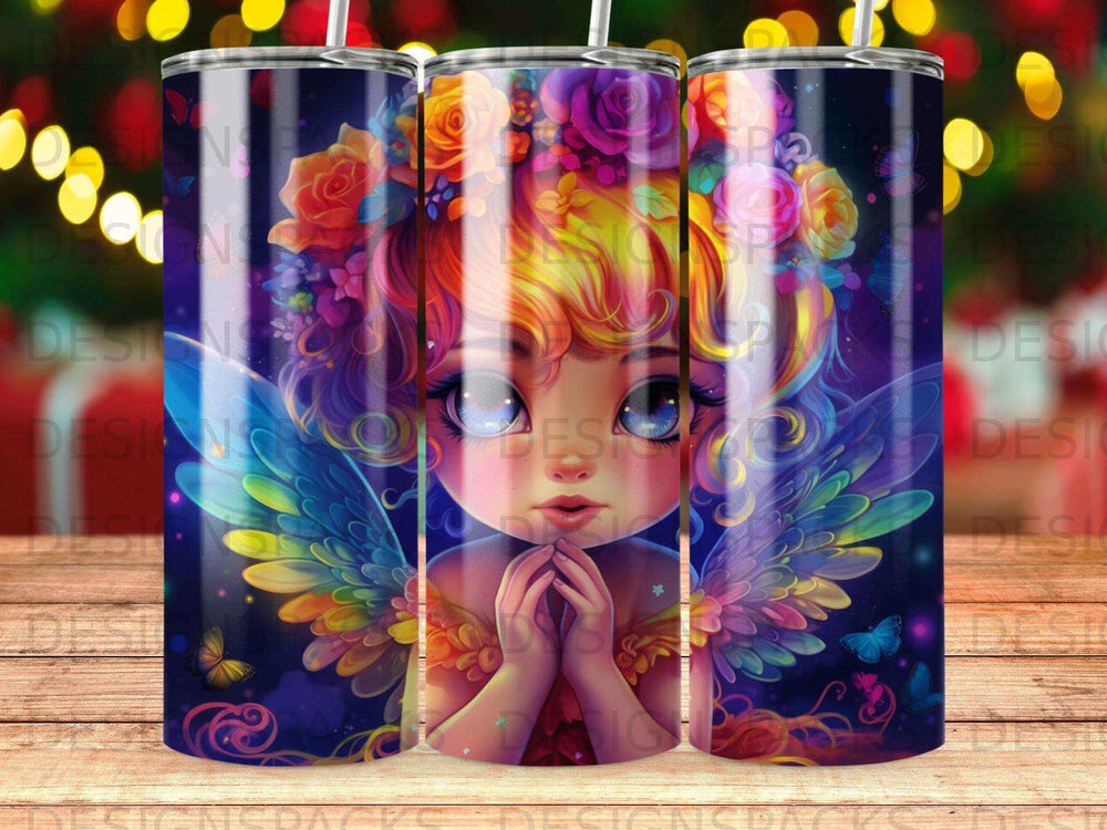 Fairy with colorful wings and floral headdress, holding hands.