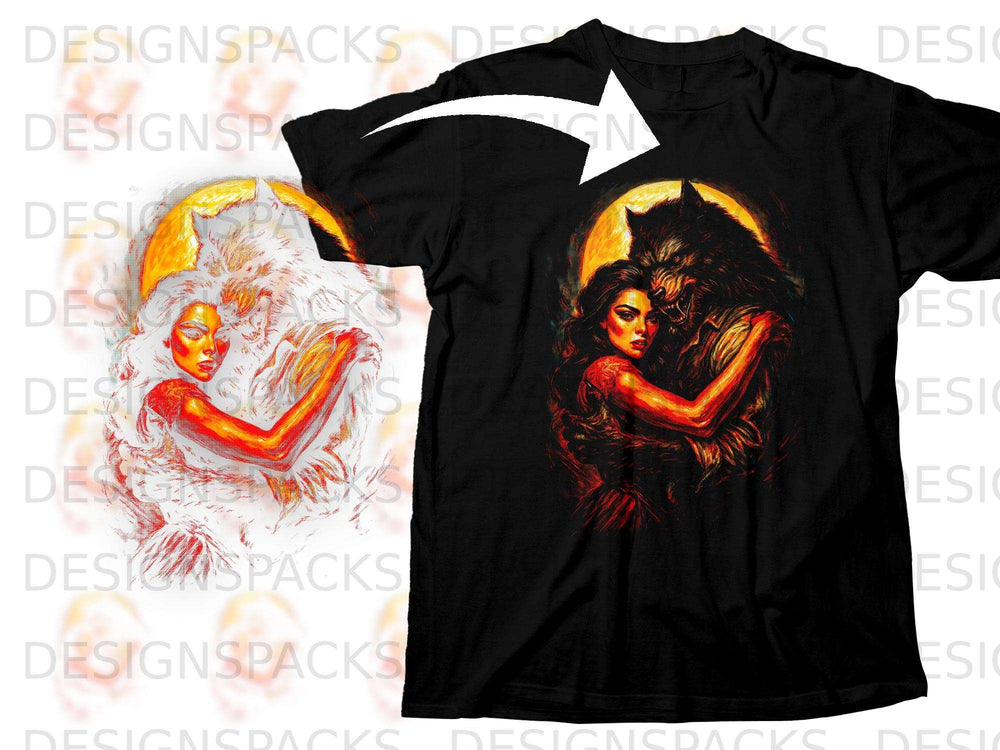 Black t-shirt with graphic of a woman hugging a werewolf under a full moon.