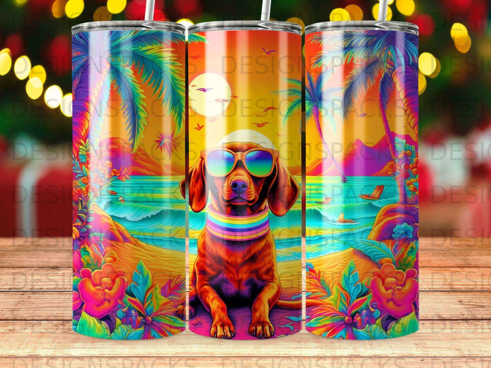 Dog wearing sunglasses on a beach with palm trees and vibrant colors.