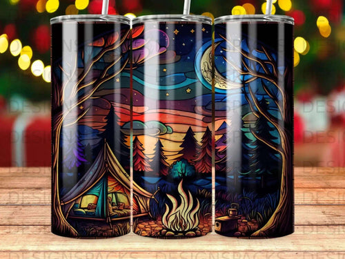 Tent and campfire under starry night sky with moon and colorful sunset.