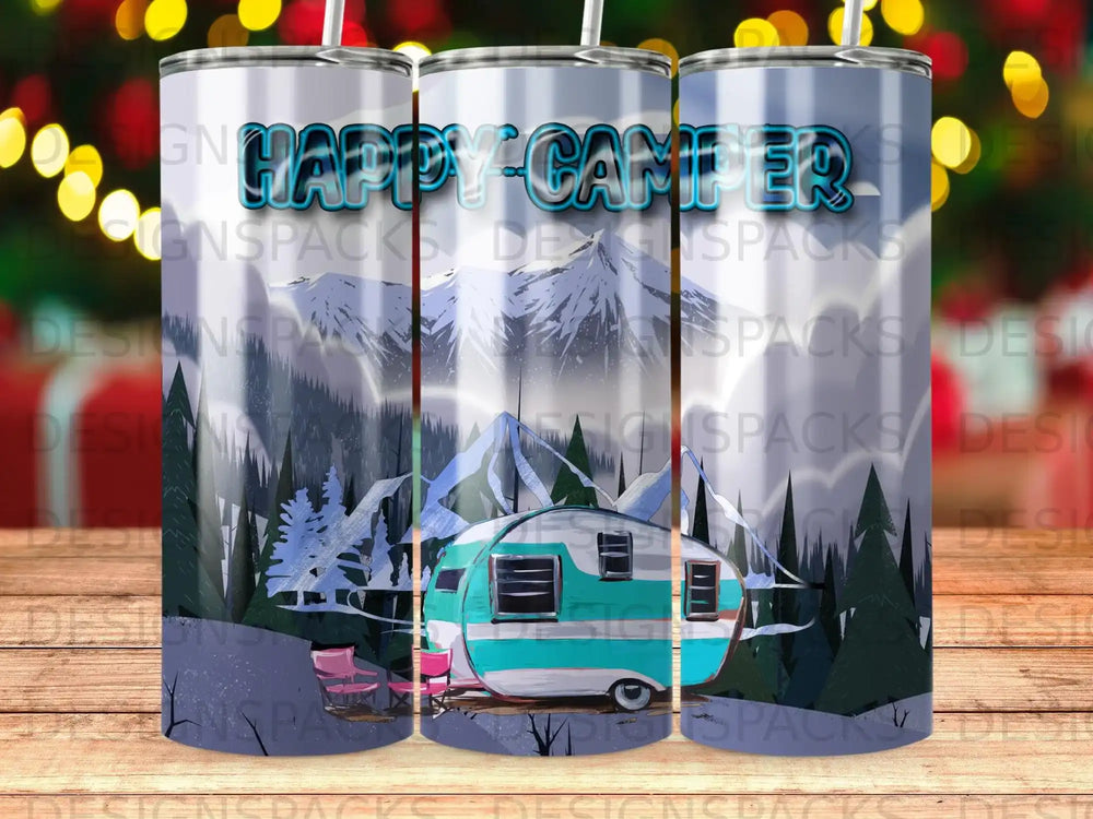 Tumbler with "Happy Camper" text and a teal camper trailer scene.