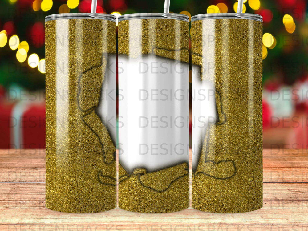 Gold glitter tumbler with white crackle design and visible "DESIGNSP" watermark.