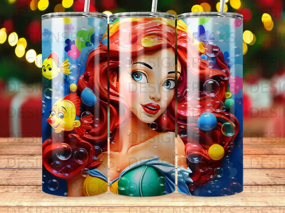 Ariel from The Little Mermaid surrounded by bubbles and a fish.