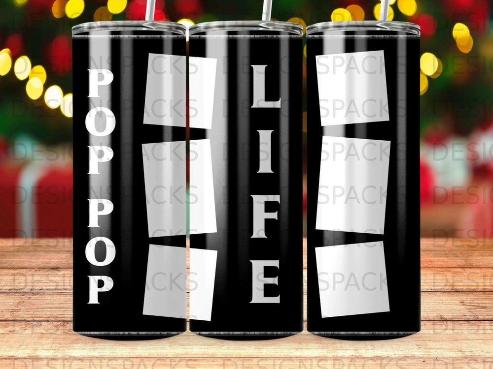 Black tumbler with "POP LIFE" text in white vertical lettering.