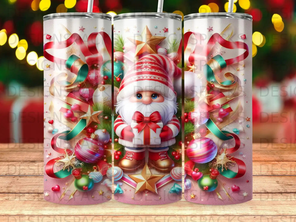 Christmas gnome holding gift surrounded by ornaments, ribbons, and stars.