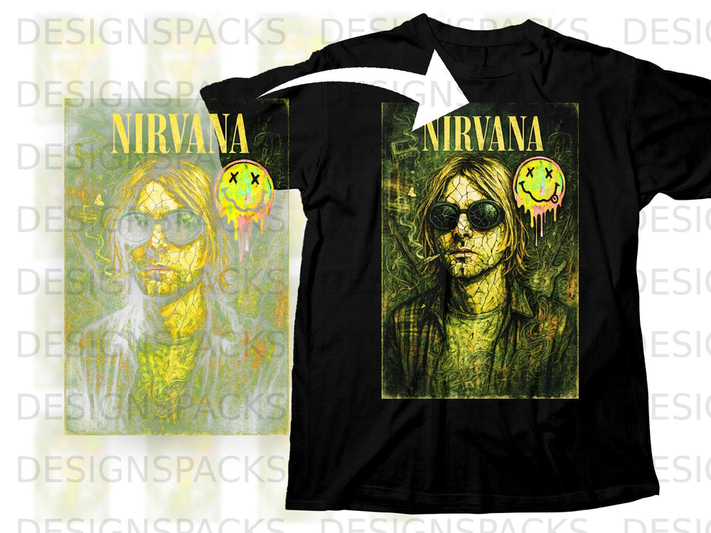 Black t-shirt featuring a grunge-style portrait of Kurt Cobain with the word "Nirvana."