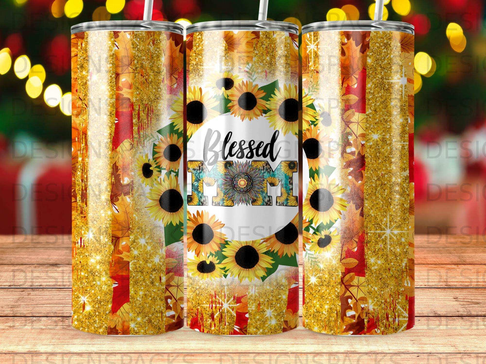 Sunflower and gold glitter tumbler with "Blessed" text.