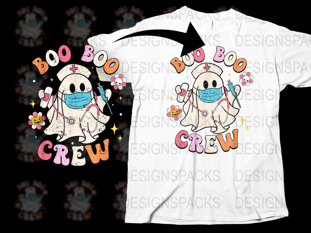 Boo Crew T-Shirt, Cute Ghost Nurse with Mask, Halloween Graphic Tee, Floral Elements, Unisex Kids and Adult Sizes