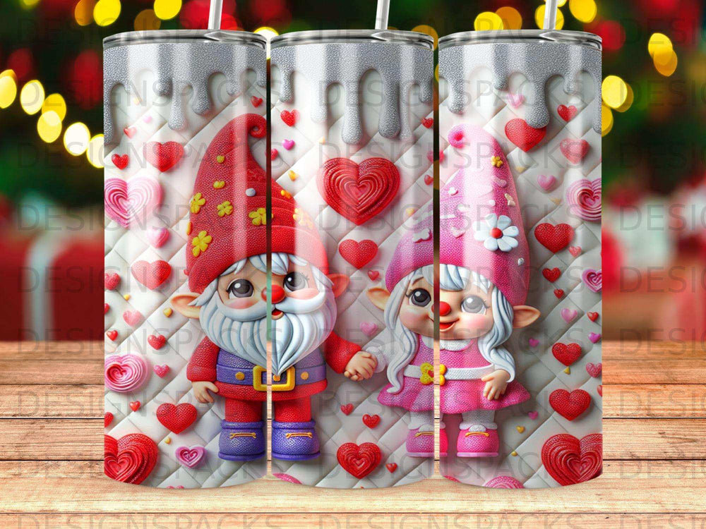 Two gnomes, one male and one female, stand on a pink heart-patterned background.