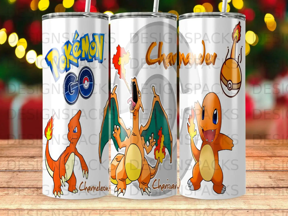 Charizard and Charmander Pokemon characters on a tumbler design.