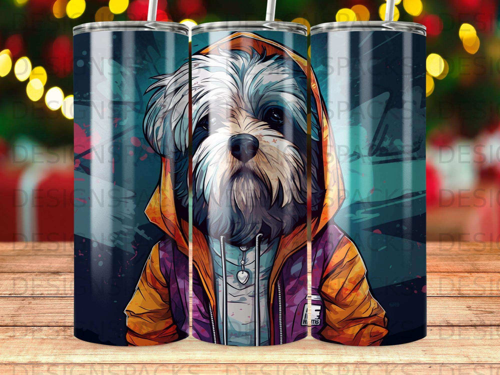 Shih Tzu dog wearing a hoodie and necklace on a blue background.