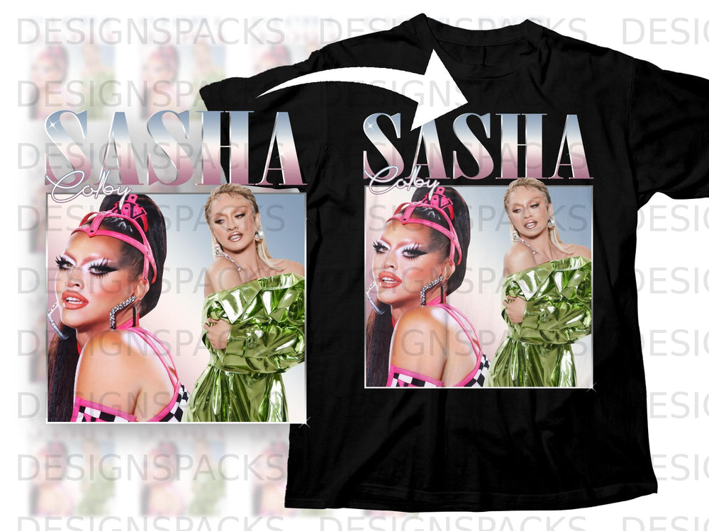 Black t-shirt with "SASHA Colby" and two portraits of a drag performer.