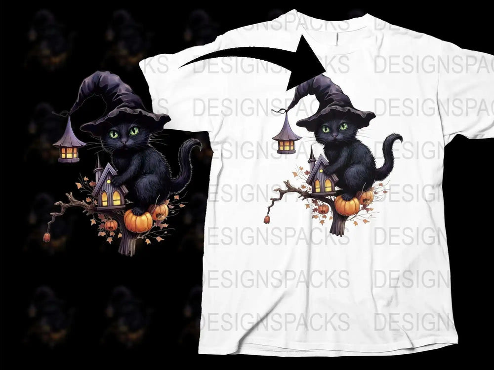 Halloween Black Cat Witch Hat T-Shirt, Spooky Fall Pumpkin Graphic Tee, Unisex Adult Kids Sizes