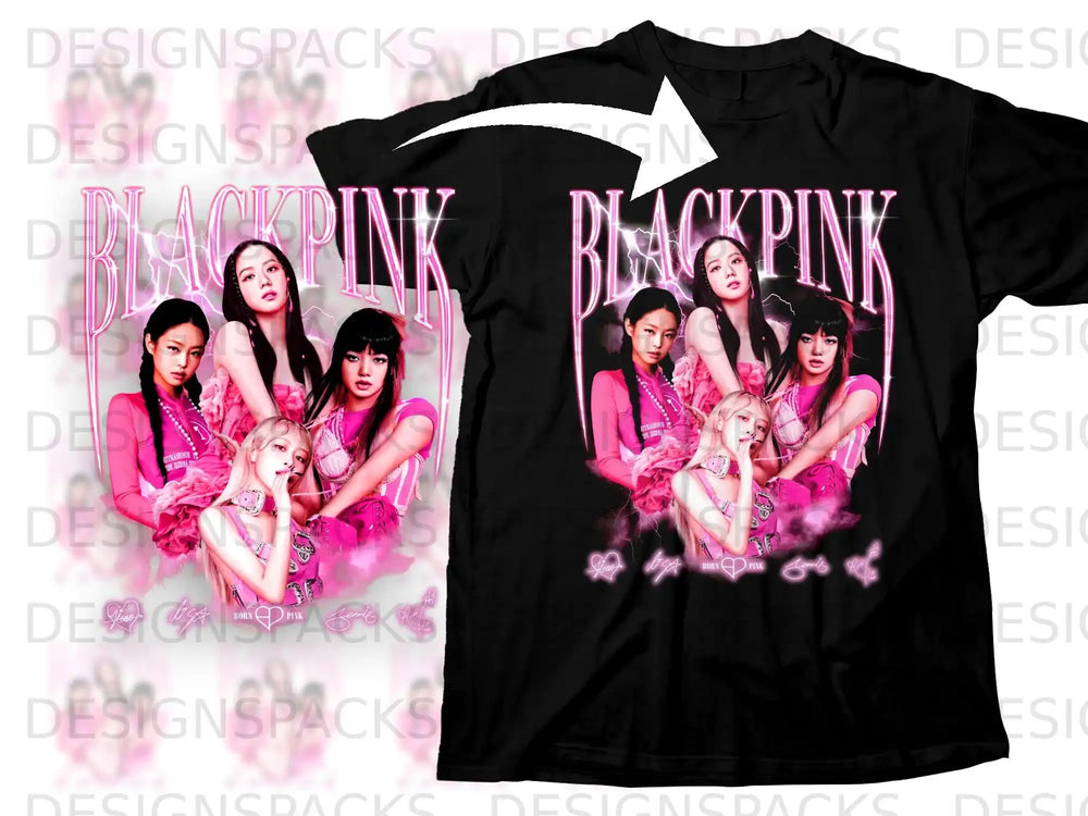 Blackpink members pose together on a black t-shirt graphic.
