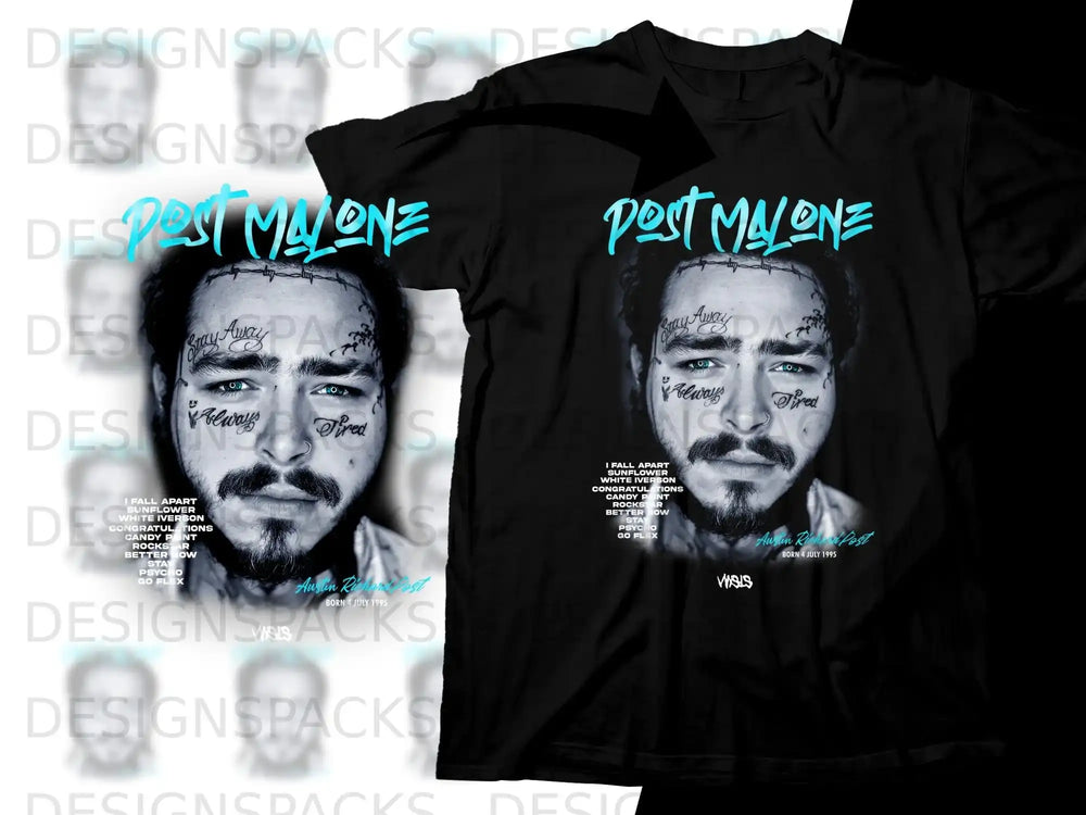 Black Post Malone t-shirt with face and song titles on front.