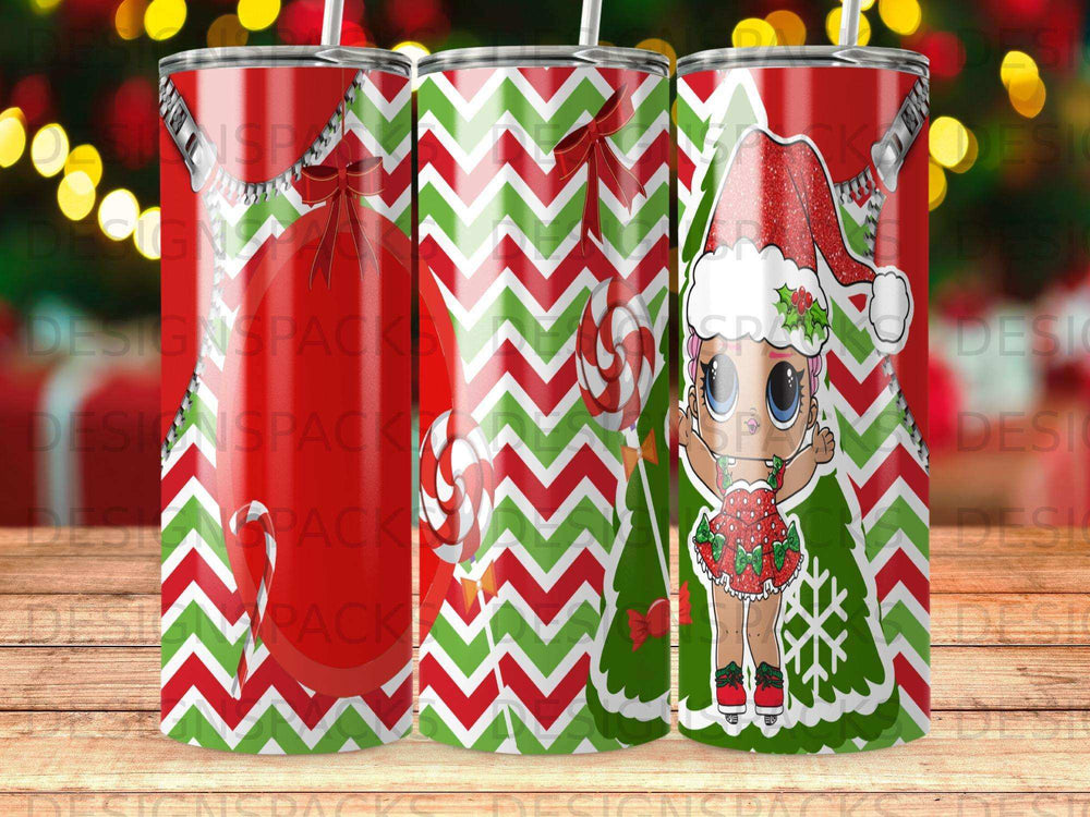 Christmas tumbler with candy cane, gingerbread, and festive patterns.