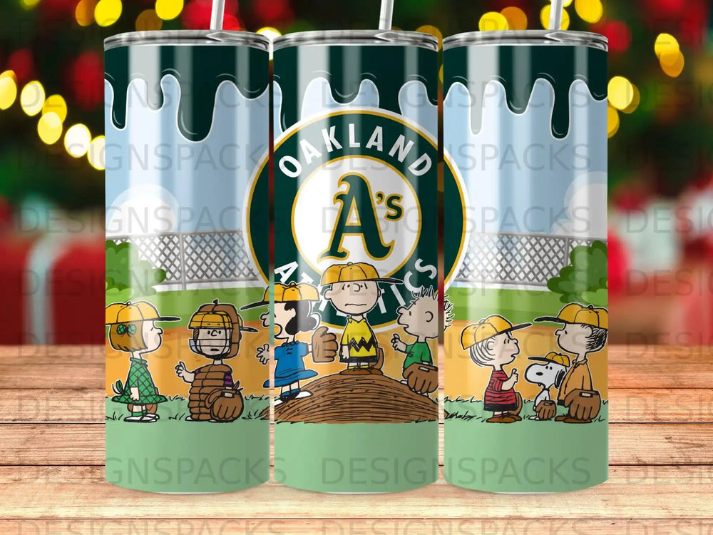 Oakland A's logo on a tumbler with cartoon baseball players.