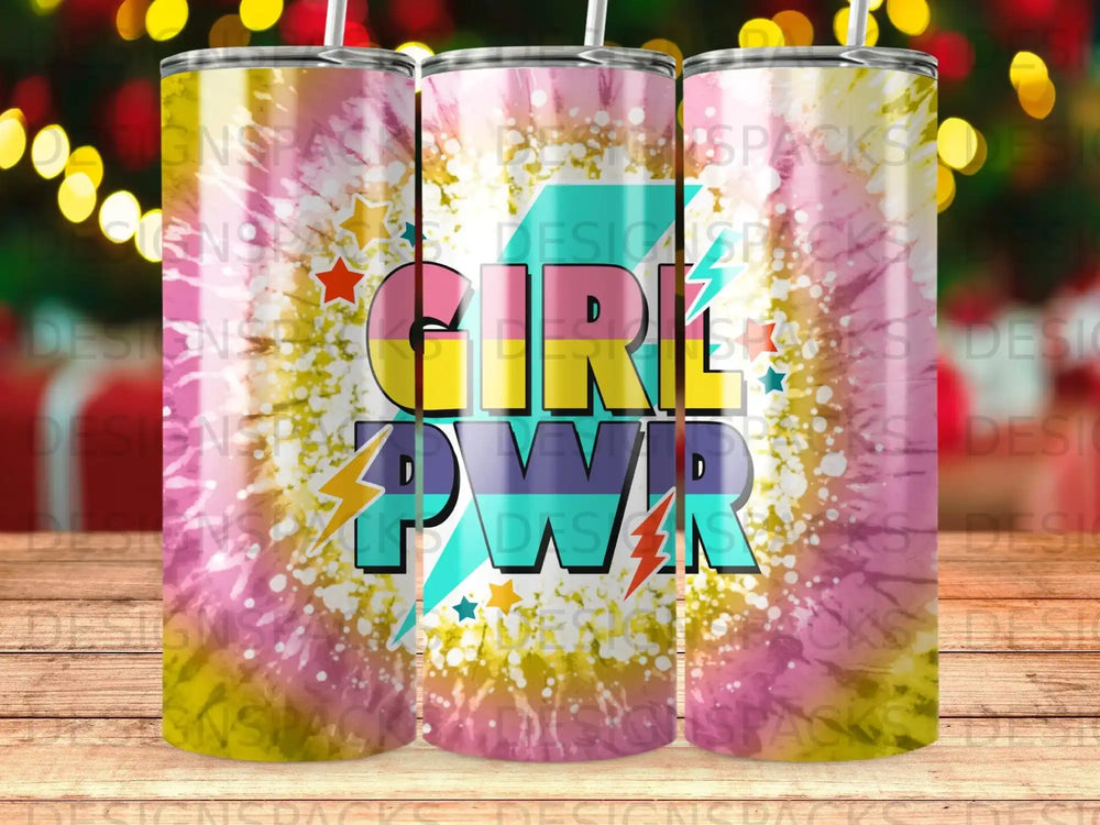 "Girl Power" text on tie-dye tumbler with stars and lightning bolts.