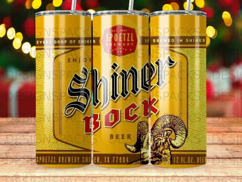 Shiner Bock beer tumbler with brewery logo and ram illustration.