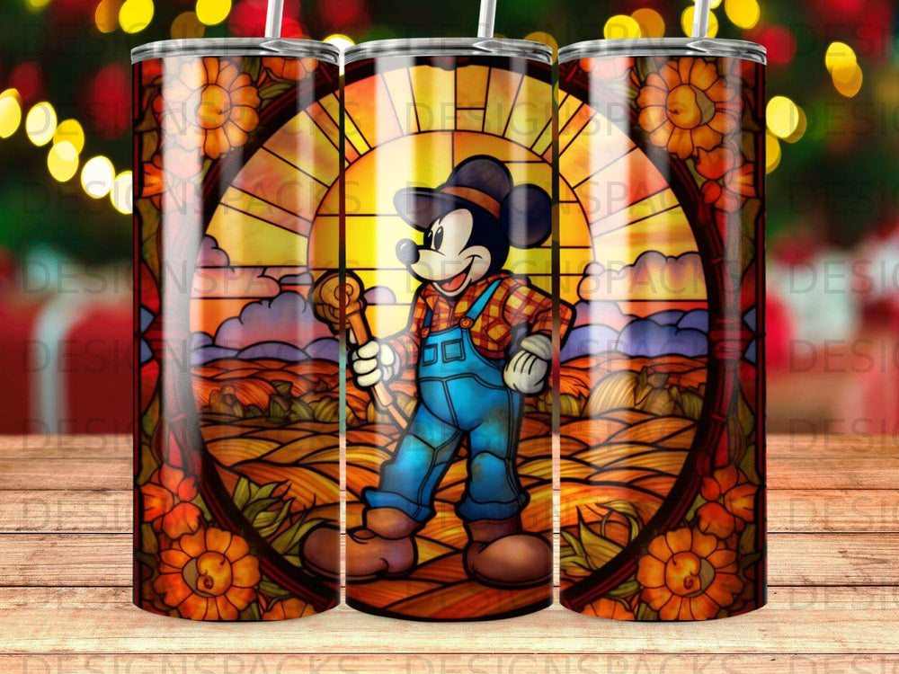 Mickey Mouse in stained glass holding a tool in a field of sunflowers.