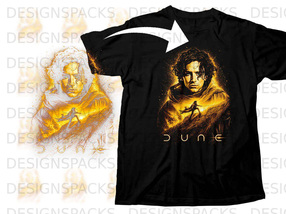 Black t-shirt with a "Dune" movie graphic of a man and a figure in a sandy landscape.