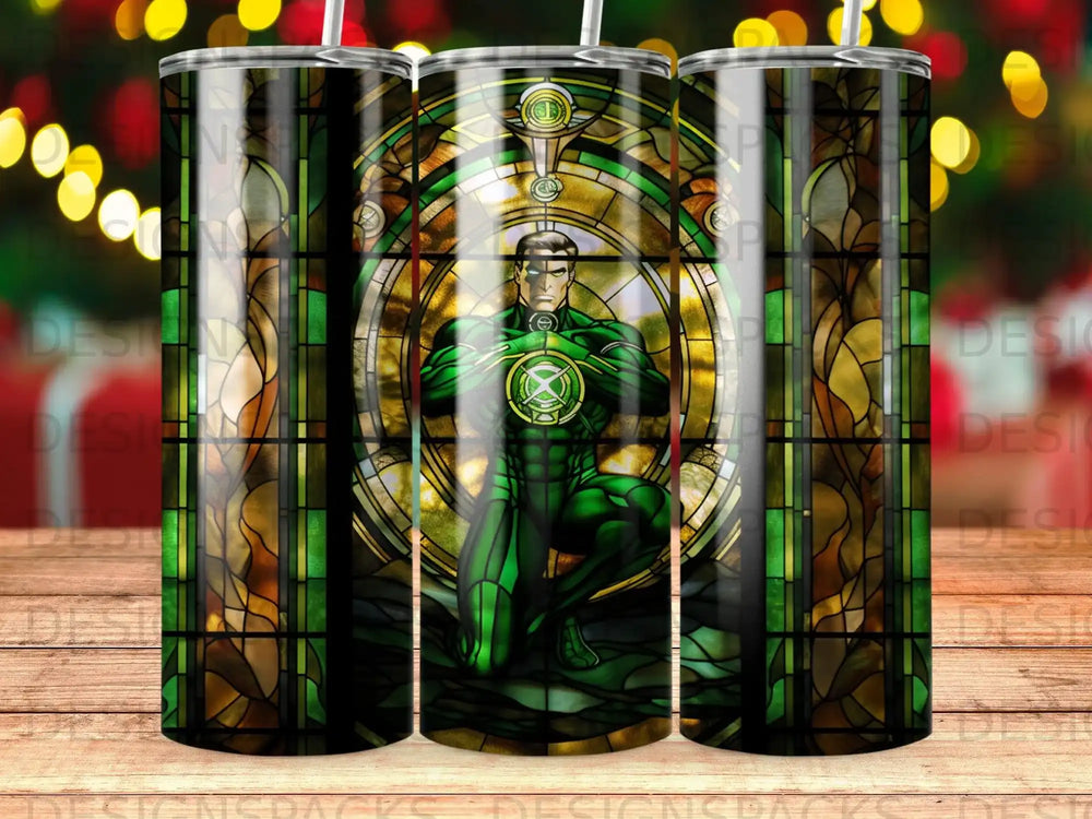 Green Lantern stained glass-style tumbler with superhero kneeling.