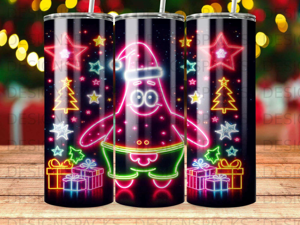 Neon Patrick Star with Santa hat, presents, and Christmas trees on a tumbler.