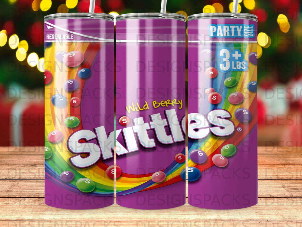 Wild Berry Skittles party size bag with a rainbow stripe and colorful candy.