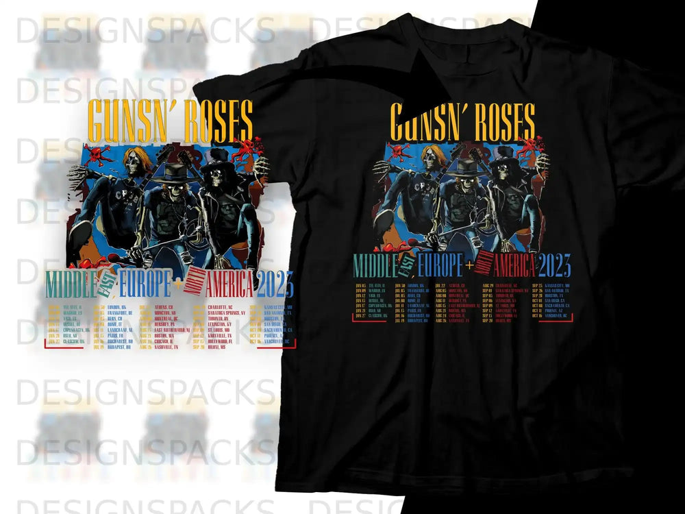 Guns N' Roses Middle East America 2023 tour shirt with band graphic and dates.