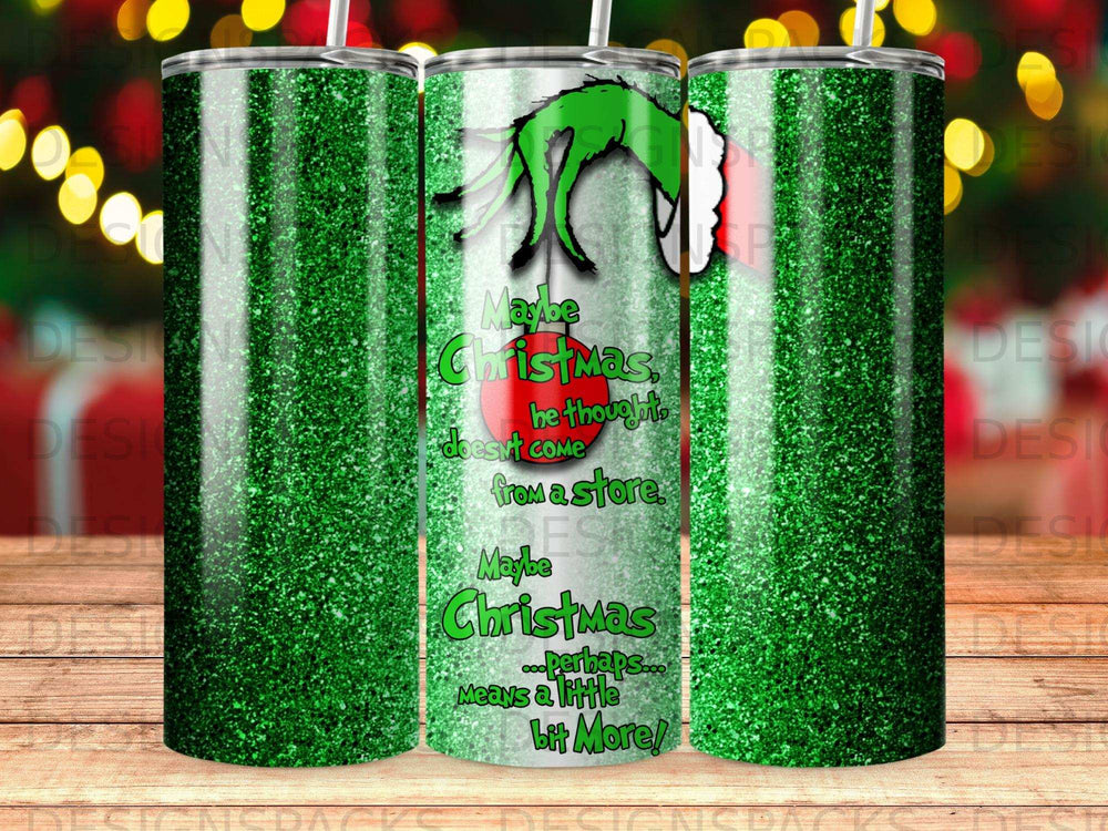Grinch tumbler with green glitter and Christmas text.