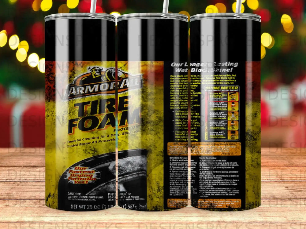 Armor All Tire Foam cleaner in a tall bottle with product information.
