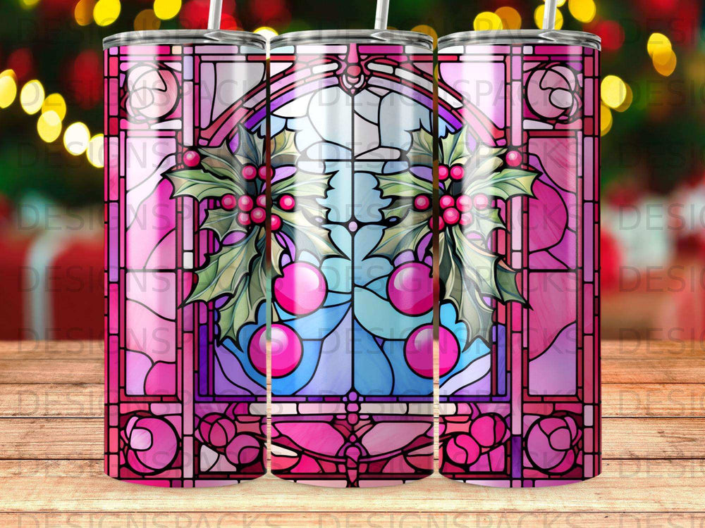 Stained glass design with holly and pink ornaments on a tumbler wrap.