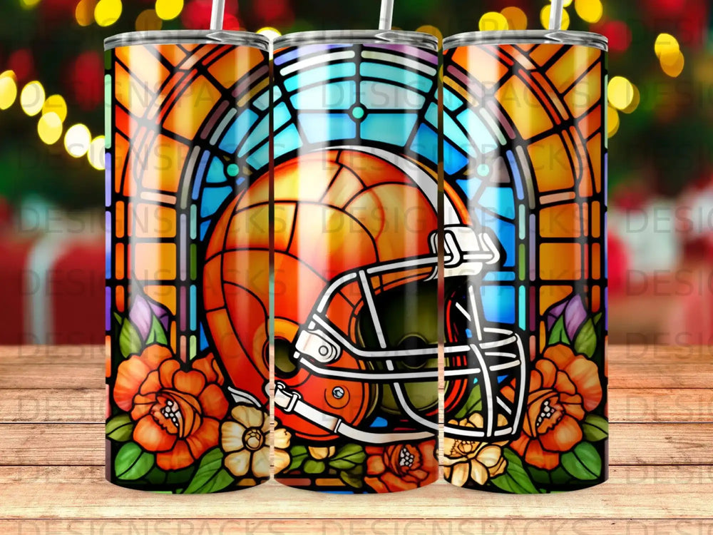 Football helmet and flowers design on a tumbler with stained glass background.
