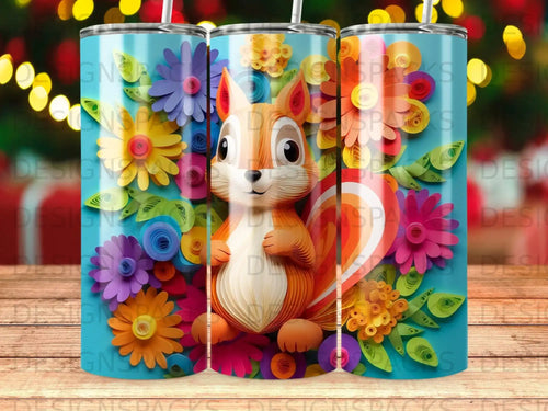 Squirrel and colorful paper flowers pattern on a blue tumbler.