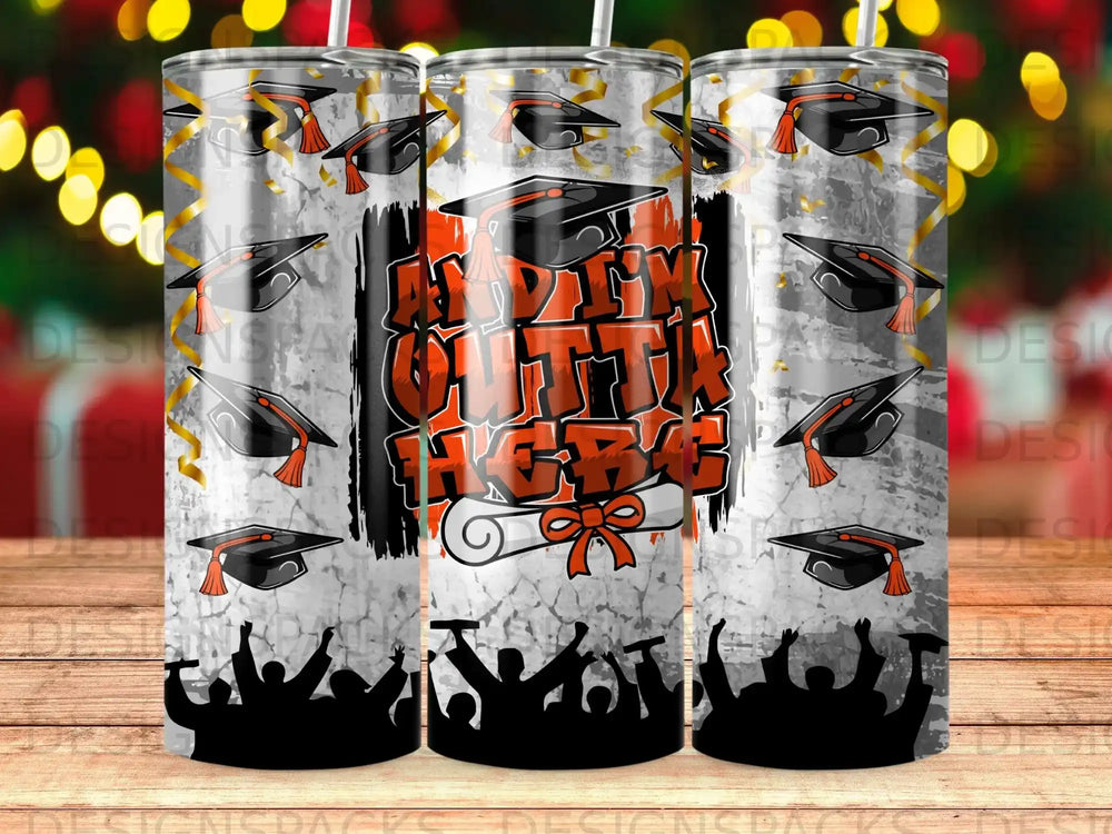Graduation tumbler wrap with caps, diplomas, and cheering crowd silhouette.